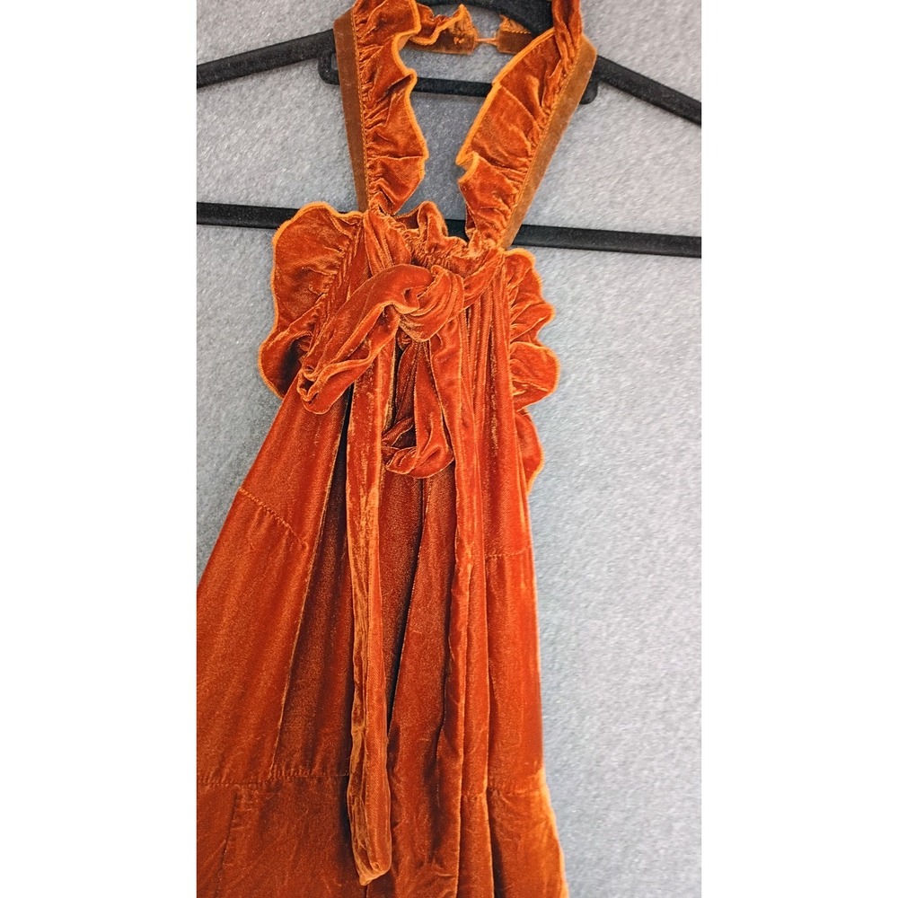 Anthropologie Kristinit Velvet Halter Jumpsuit Rust Orange Tie Neck Wide Leg M - Picture 6 of 10